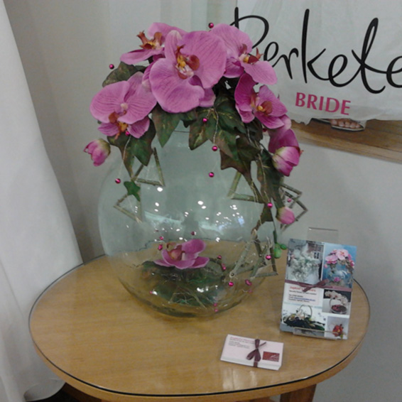 Oadby florist, Wigston florist, Leicester corporate & business Contract bubble vase with pink orchids and beads, bridal shop