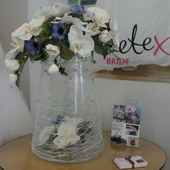 Oadby florist, Wigston florist, Leicester corporate & business Contract vase arrangement with blue anemones, orchids, beads 