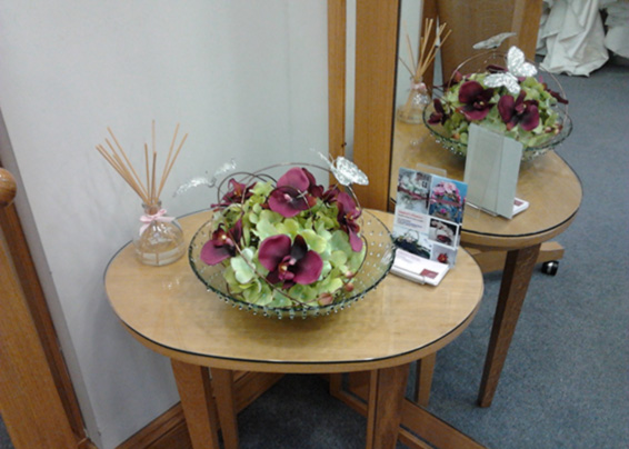 Oadby florist, Wigston florist, Leicester corporate & business Contract arrangement with orchids and hydrangea in a bowl