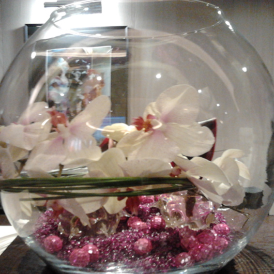 Oadby florist, Wigston florist, Leicester corporate & business Contract desk Orchids in a bubble vase with beads