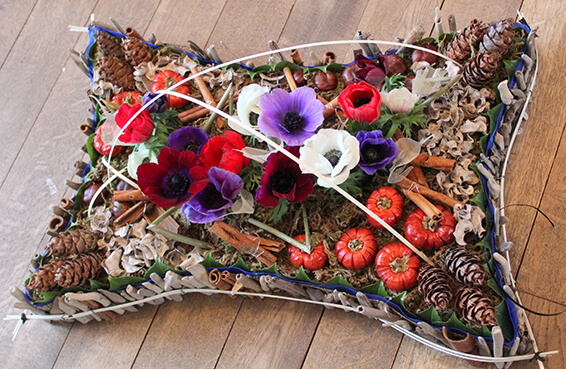 Oadby funeral flowers, Wigston funeral flowers, Market Harborough Funeral Flowers, Leicester Funeral Flowers, Bespoke Garden style pillow tribute with pine cones, conkers & pumpkins & colourful anemones