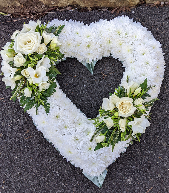 Oadby Funeral Flowers, Wigston Funeral Flowers, Market Harborough Funeral Flowers, Leicester Funeral Flowers, Traditional Open Heart Tribute with a double spray in white flowers