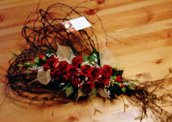 Oadby florist, Wigston florist, Leicester funeral flowers, Market Harborough Funeral Florist, Leicester Funeral Flowers, Leicester Natural burial flowers, Heart tribute made from birch with red carnation spray & skeletal leaves.
