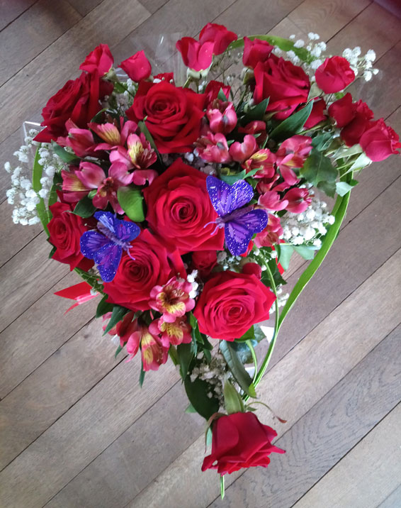 Oadby florist, Wigston florist, Heart shaped bouquet with red roses and purple butterflies