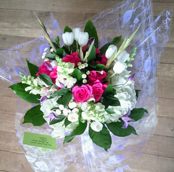 Oadby florist, Wigston florist, Handtied bouquet with white tulips, hydrangea, gladioli, pink roses