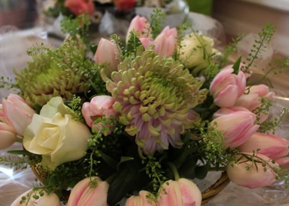 Oadby florist, Wigston florist, Spring seasonal, Continental handtied bouquet with pink tulips