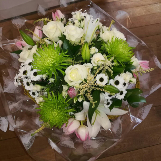 Oadby florist, Wigston florist, Lime green chrysanthemums, lilies, pink tulips, handtied bouquet