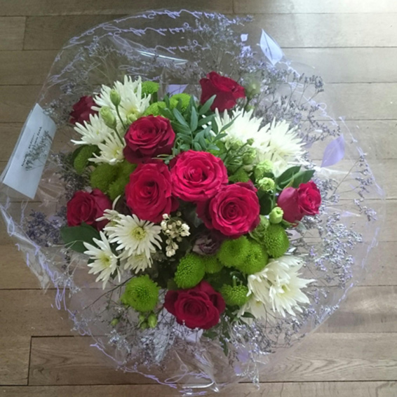 Oadby florist, Wigston florist, Red roses, green kermit, white spider chrysanthemums, handtied seasonal bouquet