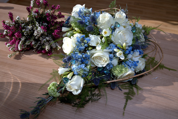 Oadby florist, Wigston florist, wedding flowers, heart shape blue and white, cascade bridal bouquet, Scottish thistles and white roses
