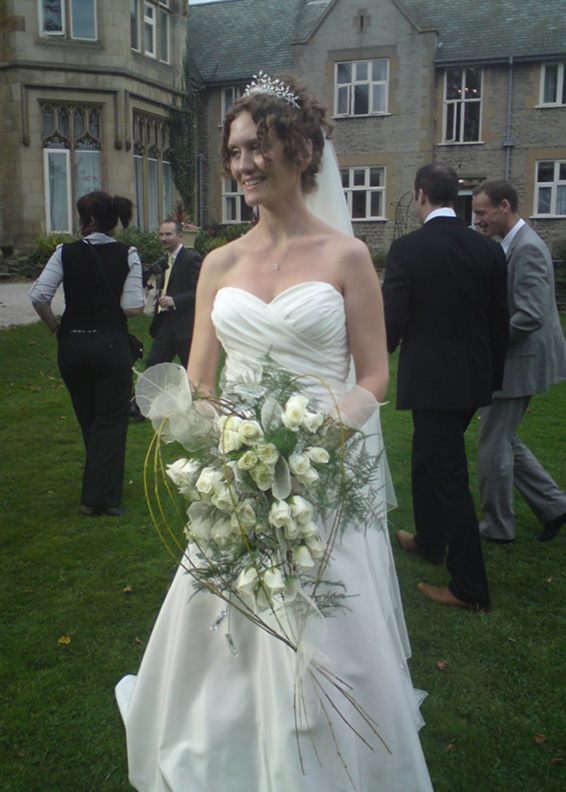 Oadby florist, Wigston Florist, Leicester wedding flowers, Kenwood Hall bride, contemporary shower bouquet, roses and skeletal leaves