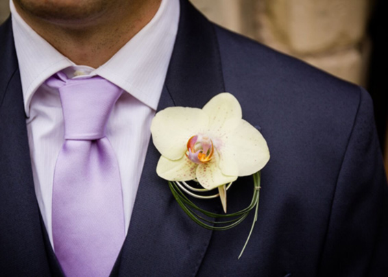 Oadby florist, Wigston Florist, Leicester wedding flowers, grooms contemporary orchid buttonhole with wire and bear grass