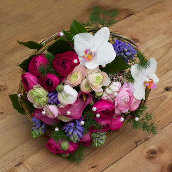 Oadby florist, Wigston Florist, Leicester Wedding flowers, Bridesmaids bouquet, orchids,pink ranunculus, calla lilies, pearls