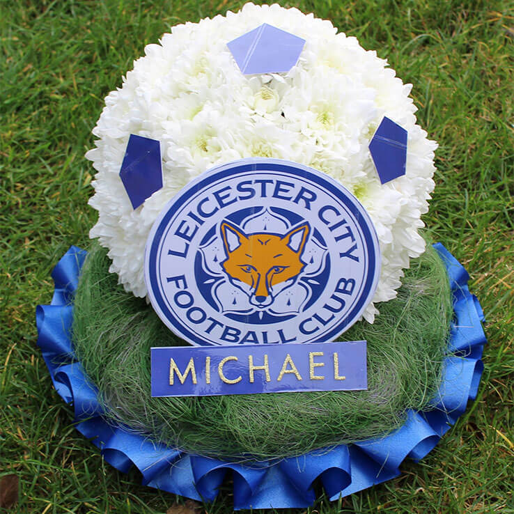 Market Harborough Funeral Flowers, Small, 3D, Football tribute, blue and white.