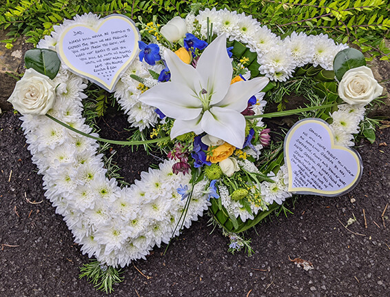 Oadby Funeral Flowers, Wigston Funeral Flowers, Market Harborough Funeral Flowers, Leicester Funeral Flowers, Double Open Heart Tribute with lily spray