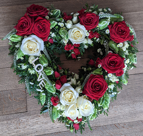 Oadby Funeral Flowers, Wigston Funeral Flowers, Contemporary Open Heart Tribute, red rose LOVE