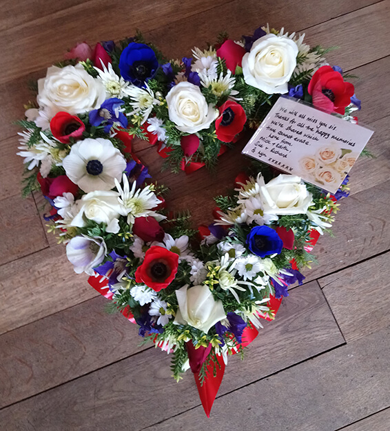 Oadby Funeral Flowers, Wigston Funeral Flowers, Patriotic Open Heart Tribute, red white blue