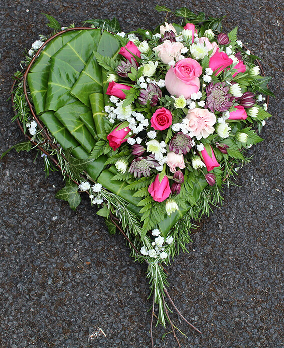 Oadby Funeral Flowers, Wigston Funeral Flowers, Market Harborough Funeral Flowers, Leicester Funeral Flowers, Contemporary Heart Tribute with pink & white spray