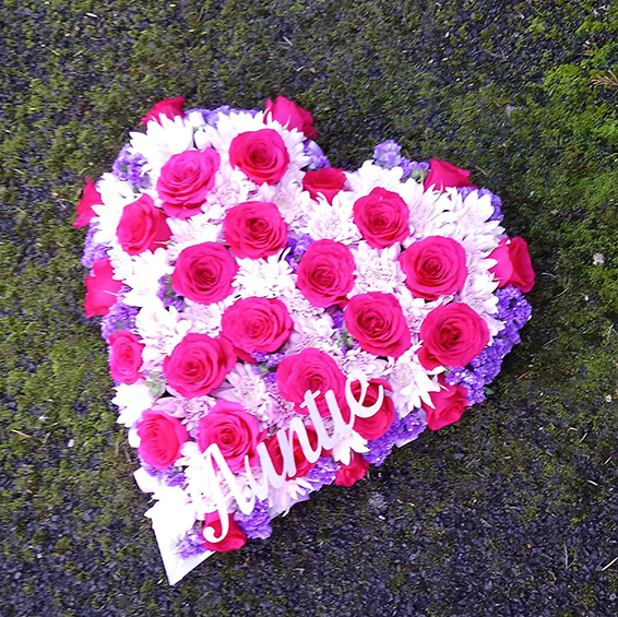Oadby Funeral Flowers, Wigston Funeral Flowers, Heart Tribute pink & lilac with AUNTIE