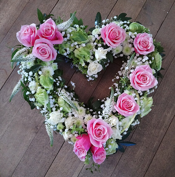Oadby Funeral Flowers, Wigston Funeral Flowers, Market Harborough Funeral Flowers, Leicester Funeral Flowers, Fancy Contemporary Open Heart Tribute with pink & lime flowers, very stylish