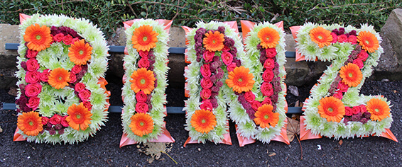 Oadby Funeral flowers, Wigston Funeral Flowers, Name tribute, contemporary style.