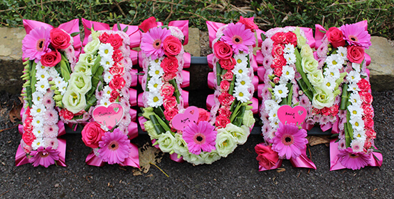 Oadby Funeral flowers, Wigston Funeral Flowers, MUM tribute, colourful contemporary.