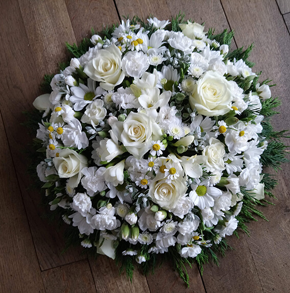 Oadby Funeral Flowers, Wigston Funeral Flowers, Market Harborough Funeral Flowers, Posy Tribute, Luxury white flower posy style cuishion, contempoaray and flled to the brim with flowers
