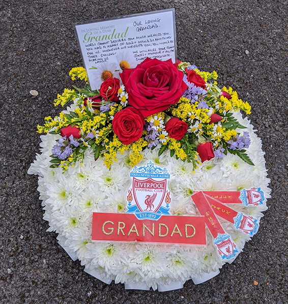Oadby funeral flowers, Wigston funeral flowers,  Market Harborough Funeral Flowers, Liverpool FC tradional posy with spray