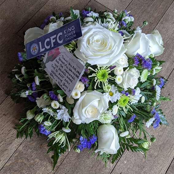 Oadby funeral flowers, Wigston funeral flowers,  Market Harborough Funeral Flowers, Leicester city FC blue and white posy