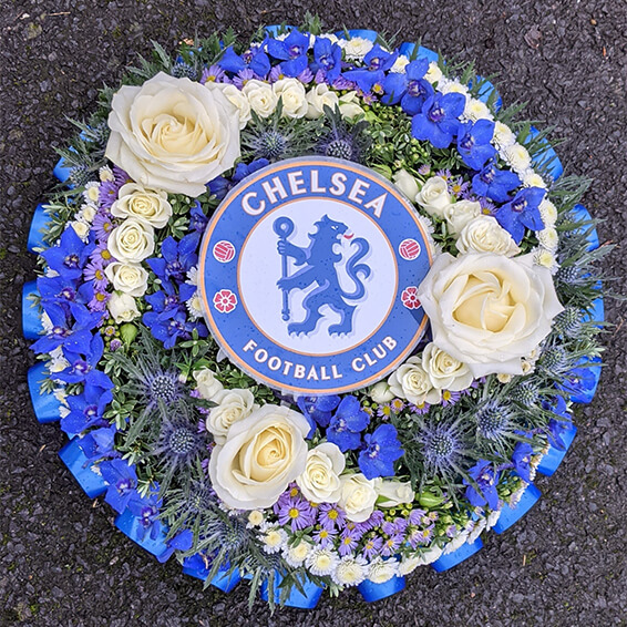 Oadby funeral flowers, Wigston funeral flowers, Market Harborough Funeral Flowers,  Chelsea FC posy pad, contemporary.