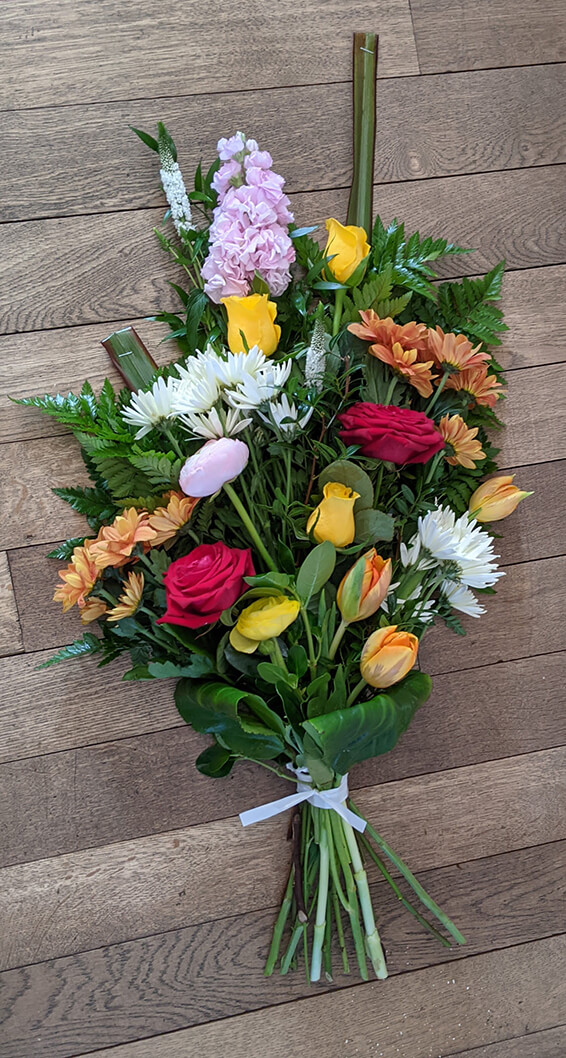 Oadby Funeral Flowers, Wigston Funeral Flowers, Tied Sheaf Tribute, Colourful flowers.