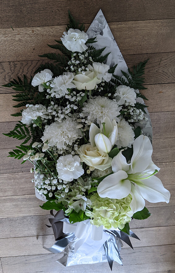Oadby Funeral Flowers, Wigston Funeral Flowers, Tied Sheaf Tribute with all white flowers