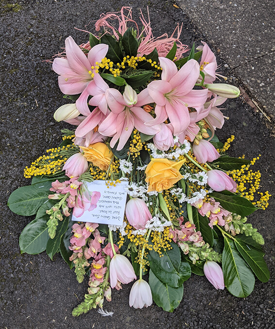 Oadby Funeral Flowers, Wigston Funeral Flowers, Market Harborough Funeral Flowers Tied Sheaf Tribute with pink lilies & flowers