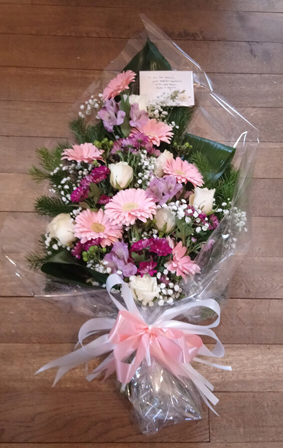 Oadby Funeral Flowers, Wigston Funeral Flowers, Tied Sheaf Tribute with pink flowers