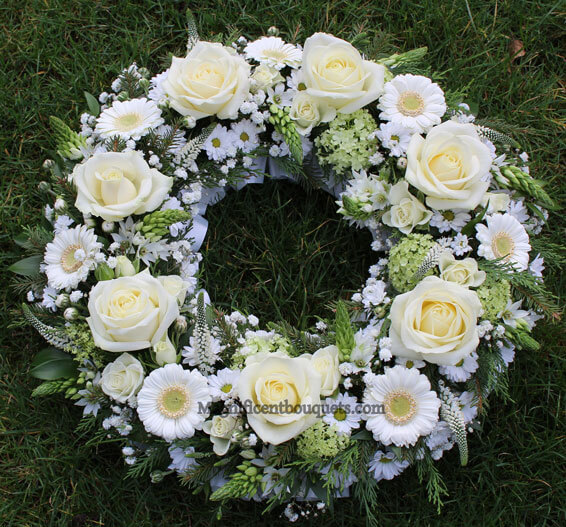 Oadby Funeral Flowers, Wigston Funeral Flowers, Wreath ring Sympathy Tribute, White and green flower ,