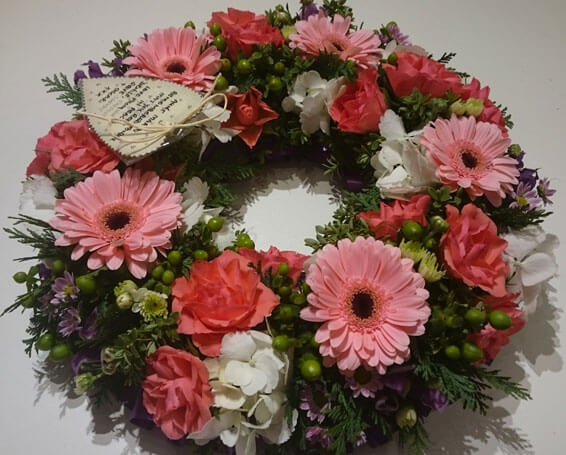 Oadby Funeral Flowers, Wigston Funeral Flowers, Wreath ring Sympathy Tribute, pink and white flowers