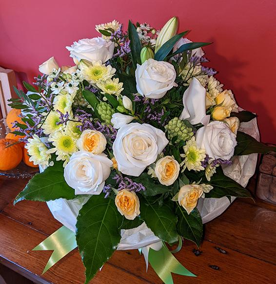Oadby Funeral Flowers, Wigston Funeral Flowers, Market Harborough Funeral Flowers, Condolence Flower Bouquet, Pastel shade flowers with fragrant hyacinths.