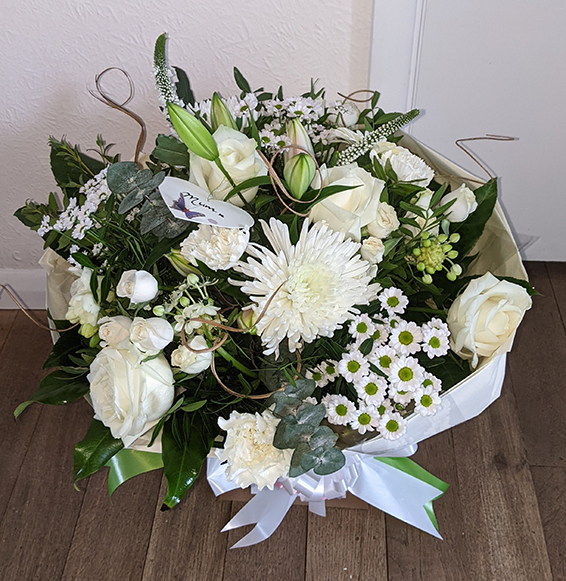 Oadby Funeral Flowers, Wigston Funeral Flowers, Market Harborough Funeral Flowers, Condolence Bouquet, Round Handtied bouquet with mixed white fragrant flowers, tingting & greenery