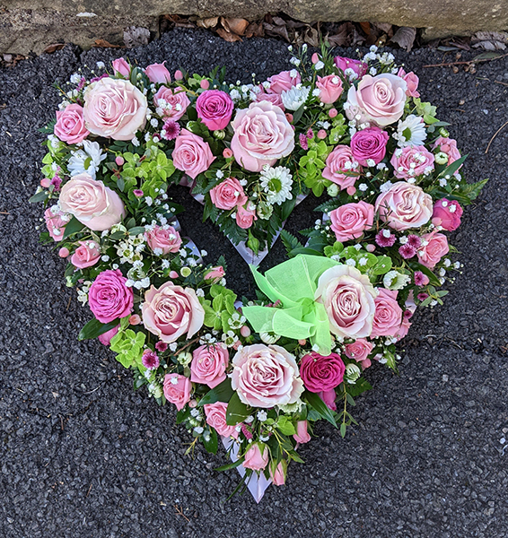 Oadby Funeral Flowers, Wigston Funeral Flowers, Market Harborough Funeral Flowers, Leicester Funeral Flowers, Contemporary Open Heart Tribute, with pink, white & lime green flowers, lilca ribbon & green bow