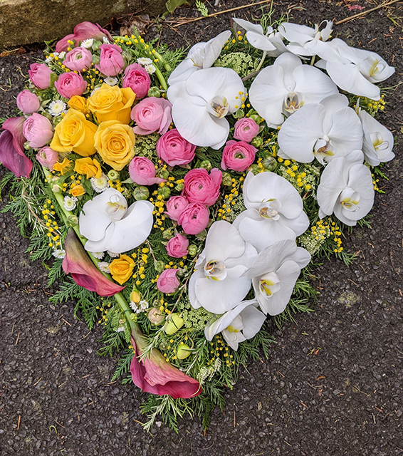 Oadby Funeral Flowers, Wigston Funeral Flowers, Market Harborough Funeral Flowers, Leicester Funeral Flowers, Beautiful Contemporary Full Heart Tribute with phalaenopsis orchids, pink ranunculas, yellow roses, calla lily & mimosa
