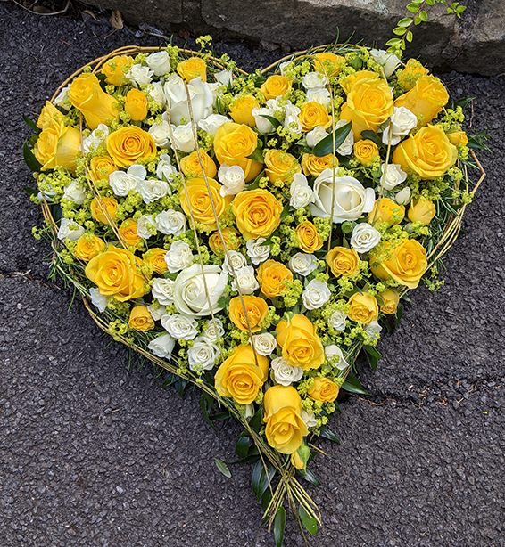 Oadby Funeral Flowers, Wigston Funeral Flowers, Market Harborough Funeral Flowers, Leicester Funeral Flowers, Large luxury Contemporary Full Heart Tribute with yellow roses, white roses and alchemilla mollis