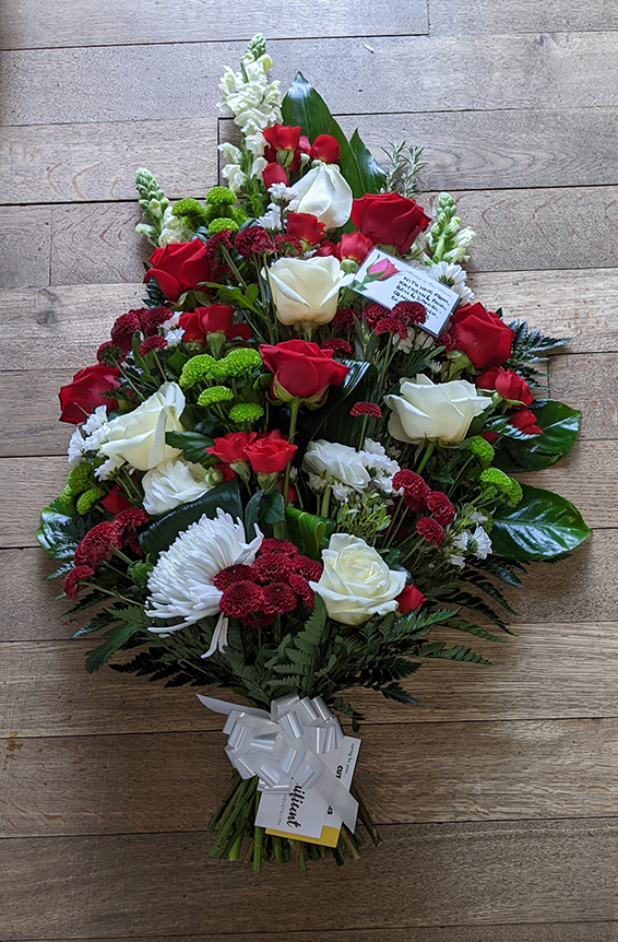 Oadby Funeral Flowers, Wigston Funeral Flowers, Market Harborough Funeral Flowers, Tied Sheaf Tribute  for Leicester Tigers Rugby club, in red white & green flowers