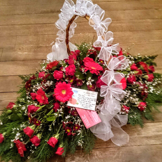 Oadby florist, Wigston florist, Leicester funeral flowers, Cremation basket tribute, dramatic red flowers