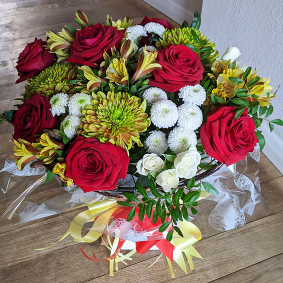 Oadby florist, Wigston florist, Red rose and gold coloured, round handtied bouquet