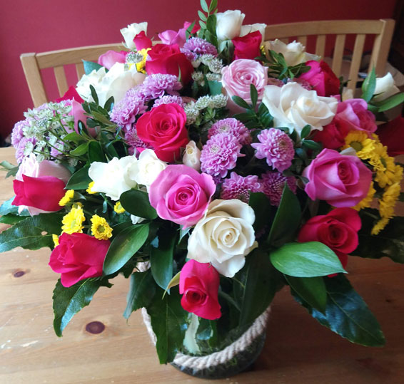 Oadby florist, Wigston florist, Pink and white roses with seasonal flowers, handtied bouquet