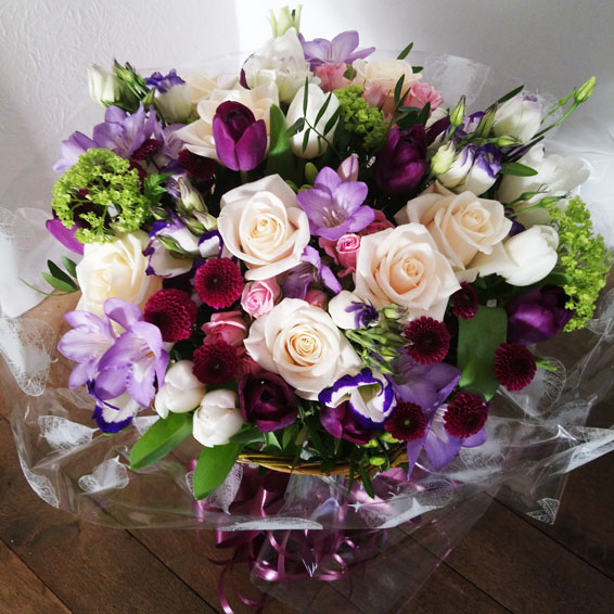 Oadby florist, Wigston florist, Nude roses, purple tulips, freesia,mixed flower, handtied bouquet