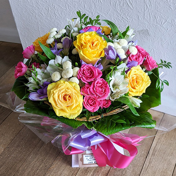Oadby florist, Wigston florist, Yellow and pink rose, bright colours, round handtied bouquet