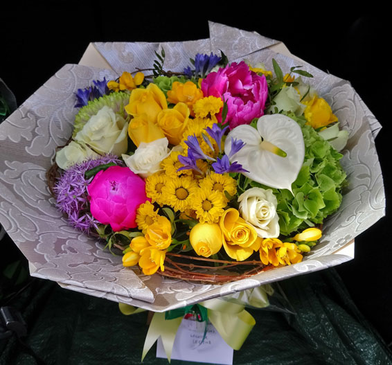 Oadby florist, Wigston florist, Colourful flowers, anthurium, hydrangea, wrapped, handtied bouquet