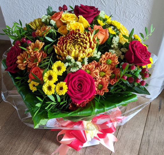 Oadby florist, Wigston florist, Red rose and autumn coloured flowers, round handtied bouquet