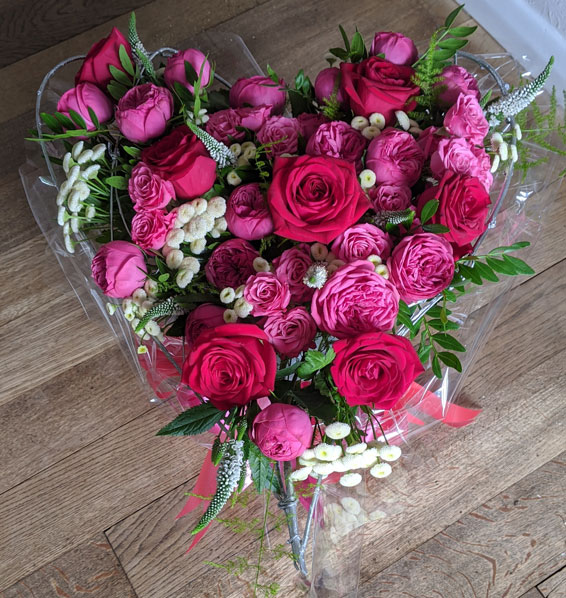 Oadby florist, Wigston florist, Heart shaped bouquet with red and pink roses, white flowers
