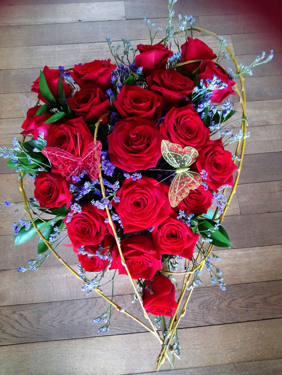 Oadby florist, Wigston florist, Heart shaped bouquet with red roses and butterflies